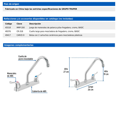 Mezcladora de 8" para fregadero con cuello largo y manerales tipo palanca