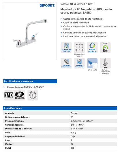 Mezcladora de 8" para fregadero con cuello tipo cobra y manerales palanca
