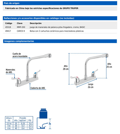 Mezcladora de 8" para fregadero con cuello tipo cobra y manerales palanca