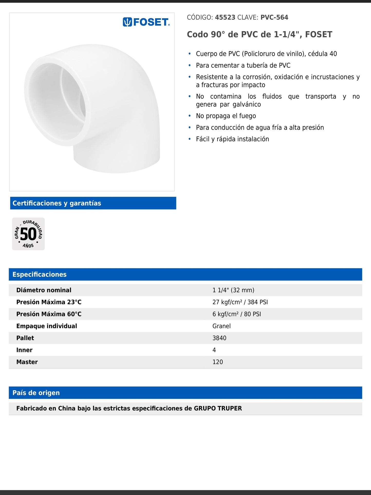 Codo de PVC de 1 1/4 pulgadas a 90 grados