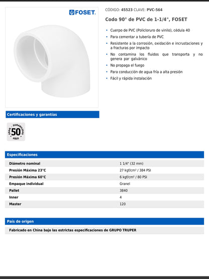 Codo de PVC de 1 1/4 pulgadas a 90 grados