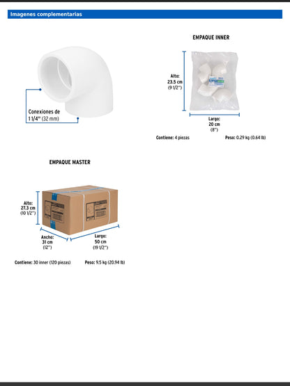 Codo de PVC de 1 1/4 pulgadas a 90 grados