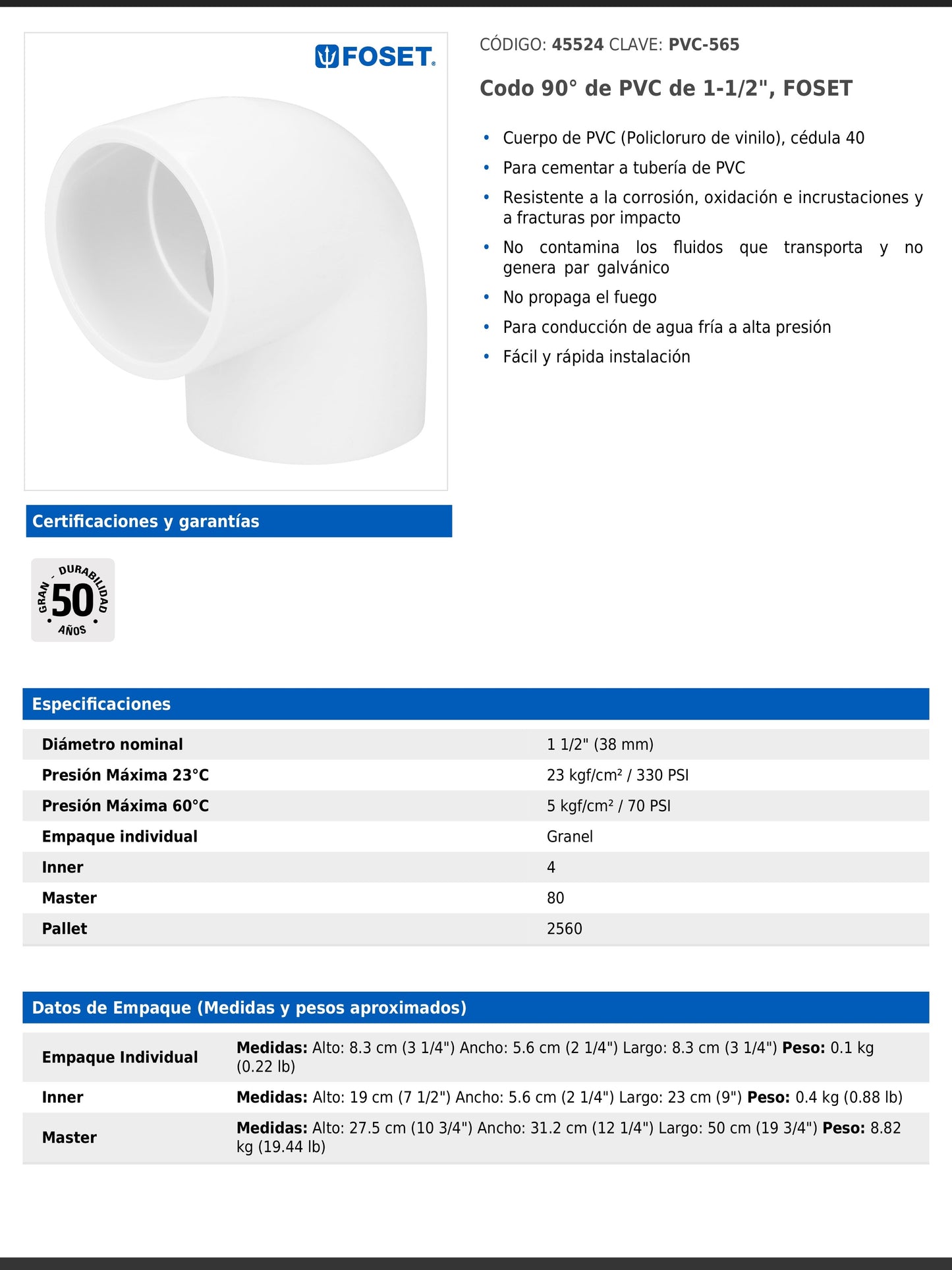 Codo de PVC de 1 1/2 pulgadas a 90 grados