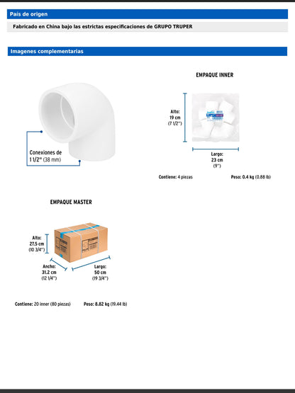 Codo de PVC de 1 1/2 pulgadas a 90 grados