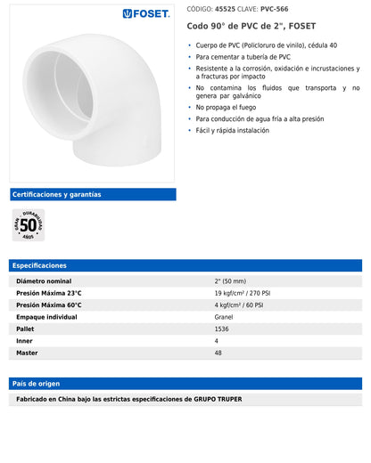 Codo de PVC de 2 pulgadas a 90 grados