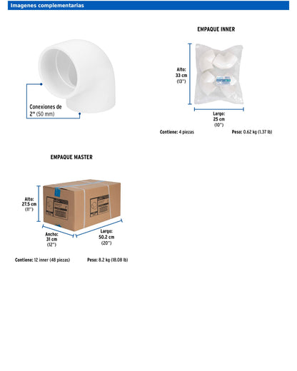 Codo de PVC de 2 pulgadas a 90 grados