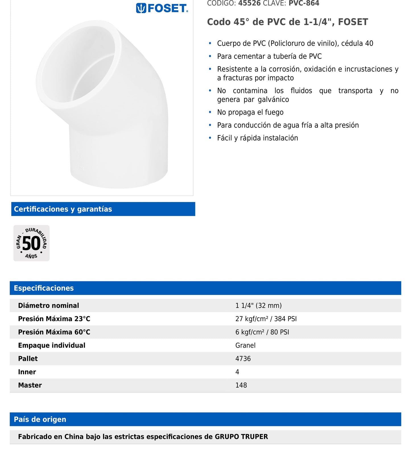 Codo de PVC de 1 1/4 pulgadas a 45 grados