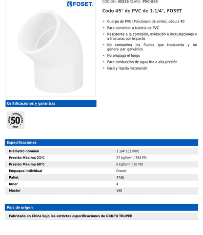 Codo de PVC de 1 1/4 pulgadas a 45 grados