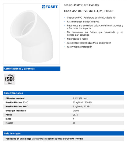 Codo de PVC de 1 1/2 pulgadas a 45 grados