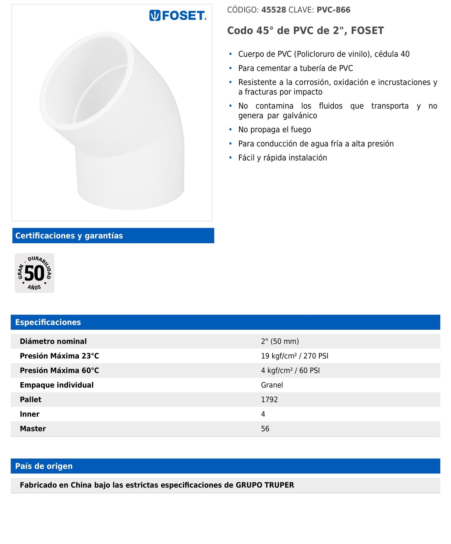 Codo de PVC de 2 pulgadas a 45 grados