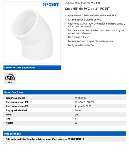 Codo de PVC de 2 pulgadas a 45 grados