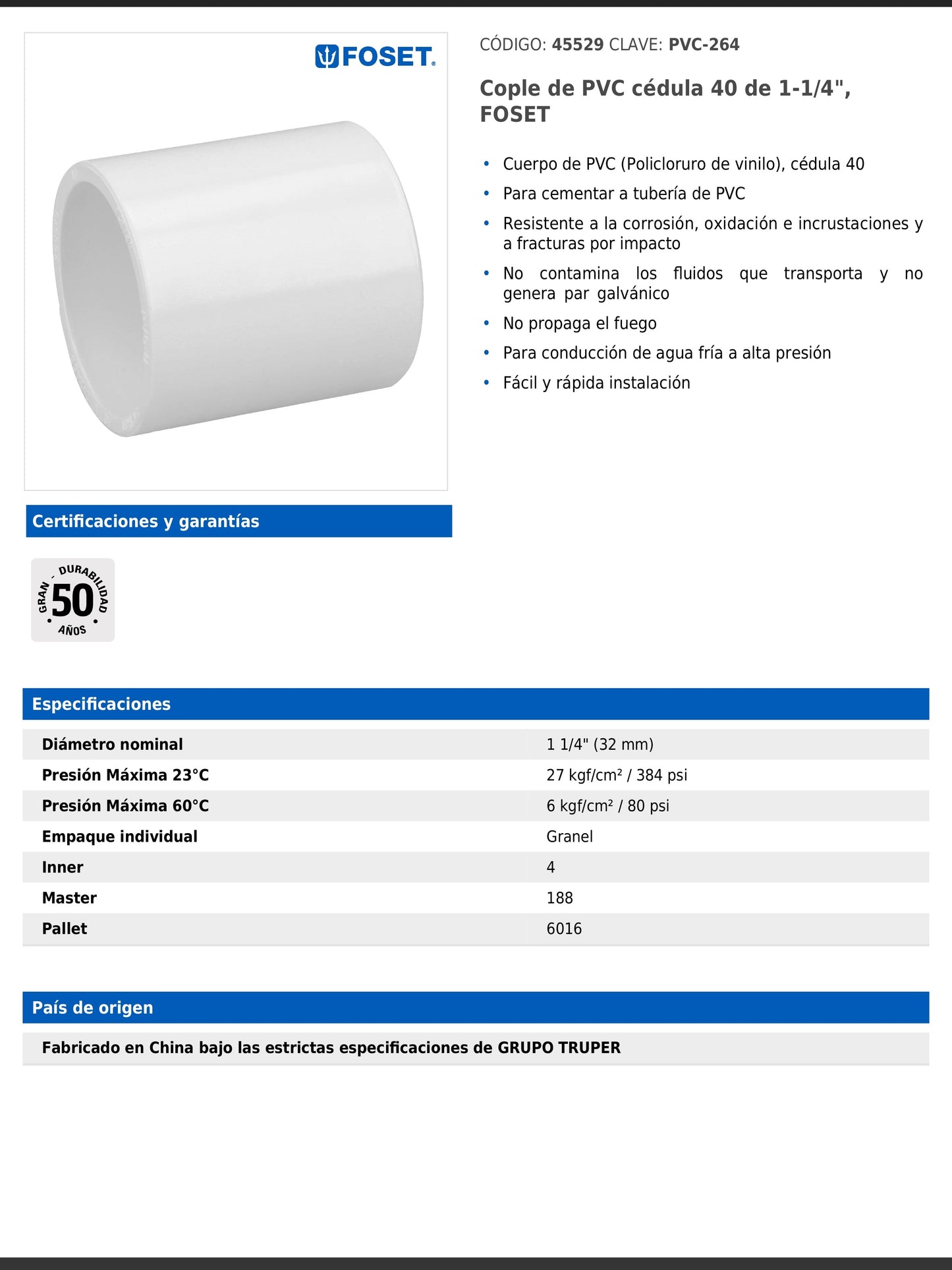 Cople de PVC cédula 40 de 1 1/4 pulgadas para tubería