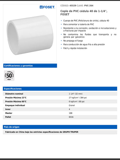 Cople de PVC cédula 40 de 1 1/4 pulgadas para tubería