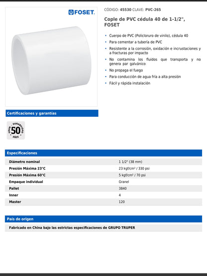 Cople de PVC cédula 40 de 1 1/2 pulgadas para tubería