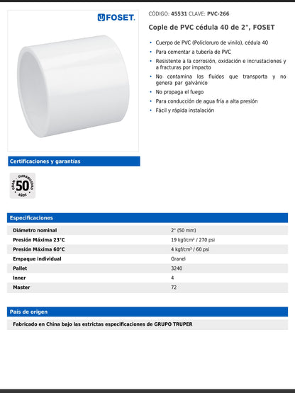 Cople de PVC cédula 40 de 2 pulgadas para tubería