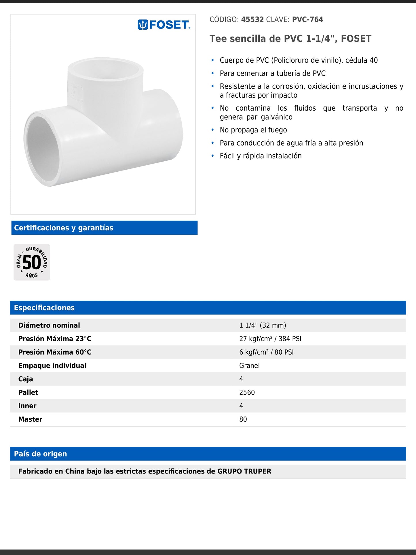 Tee sencilla de PVC cédula 40 de 1 1/4 pulgadas para tubería