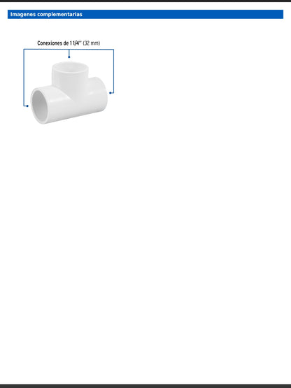 Tee sencilla de PVC cédula 40 de 1 1/4 pulgadas para tubería