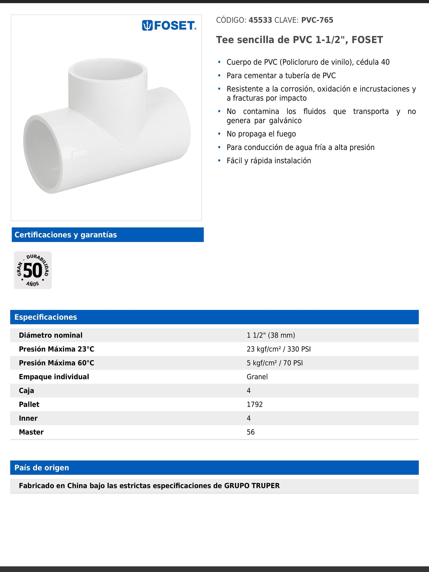 Tee sencilla de PVC cédula 40 de 1 1/2 pulgadas para tubería