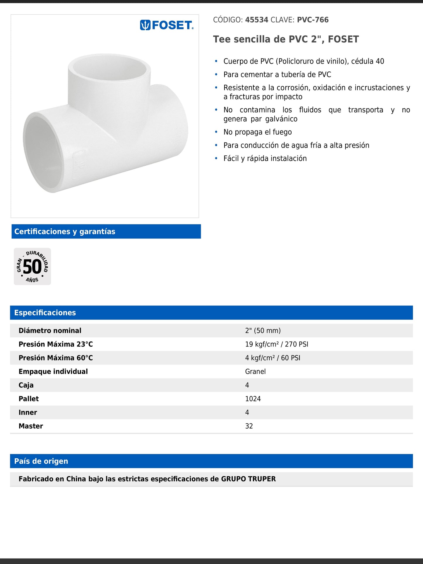 Tee sencilla de PVC cédula 40 de 2 pulgadas para tubería