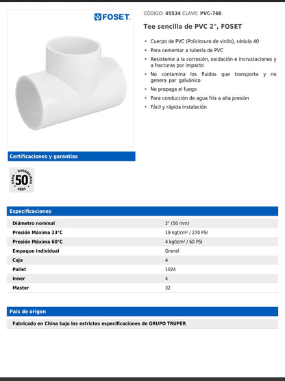 Tee sencilla de PVC cédula 40 de 2 pulgadas para tubería