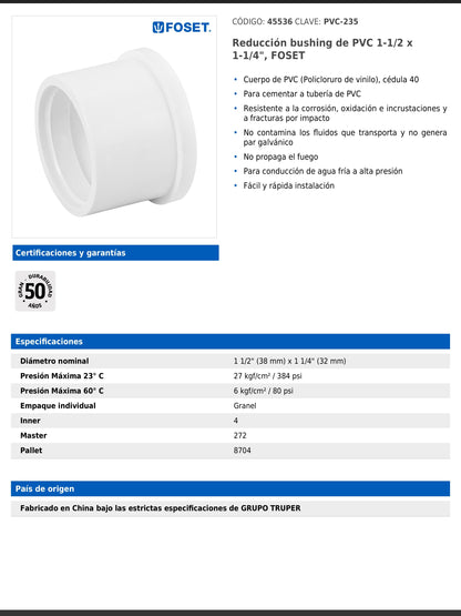 Reducción bushing de PVC cédula 40 de 1 1/2 a 1 1/4 pulgadas para tubería