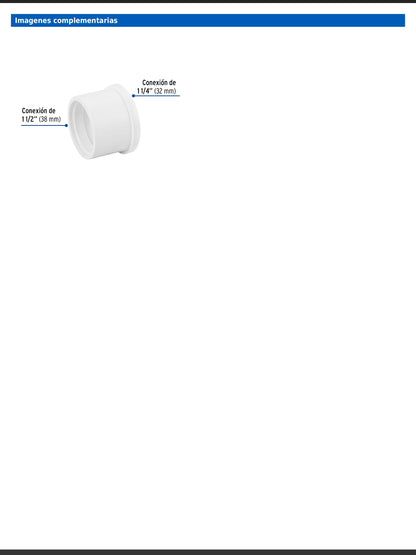 Reducción bushing de PVC cédula 40 de 1 1/2 a 1 1/4 pulgadas para tubería