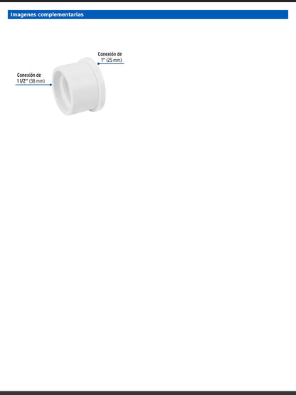 Reducción bushing de PVC cédula 40 de 1 1/2 a 1 pulgada para tubería