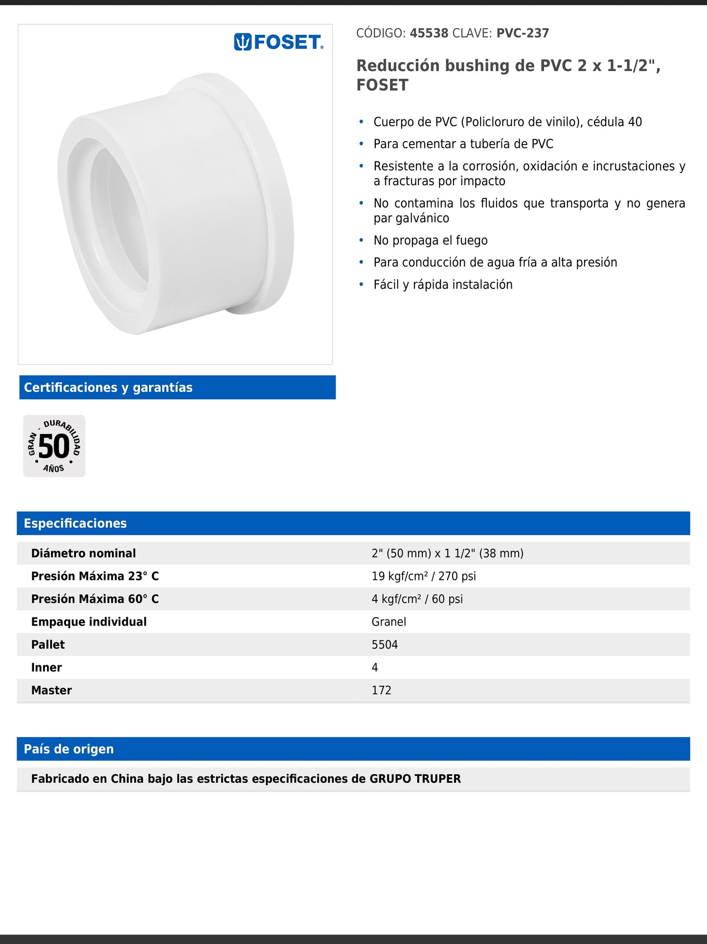Reducción bushing de PVC cédula 40 de 2 a 1 1/2 pulgadas para tubería