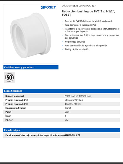 Reducción bushing de PVC cédula 40 de 2 a 1 1/2 pulgadas para tubería