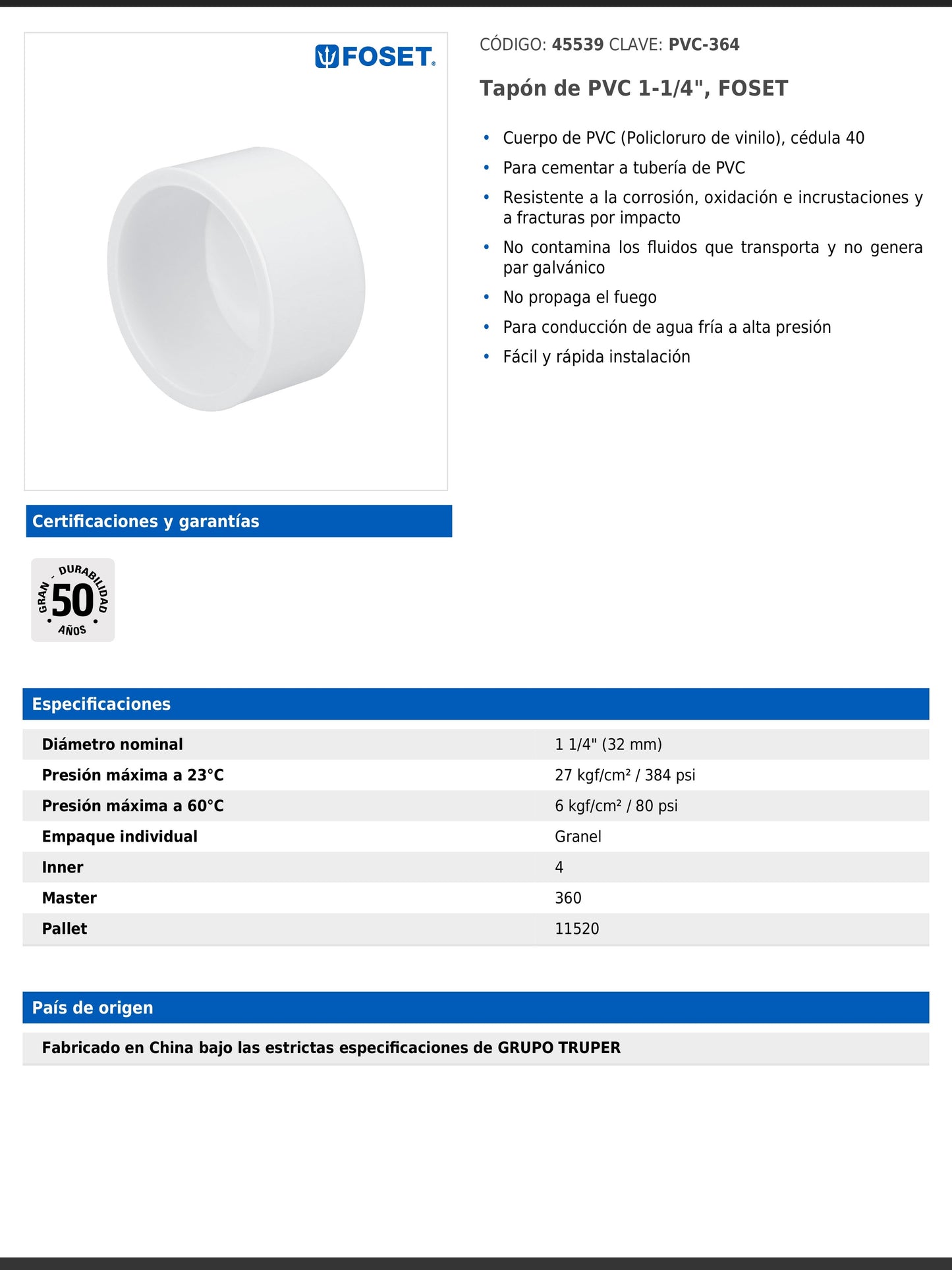 Tapón de PVC cédula 40 de 1 1/4 pulgadas para tubería