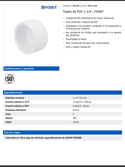 Tapón de PVC cédula 40 de 1 1/4 pulgadas para tubería