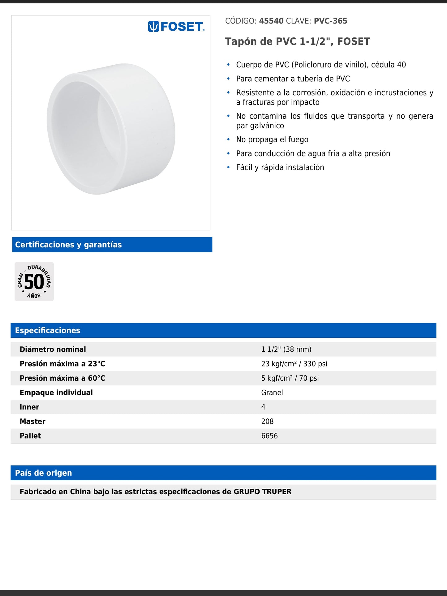 Tapón de PVC cédula 40 de 1 1/2 pulgadas para tubería