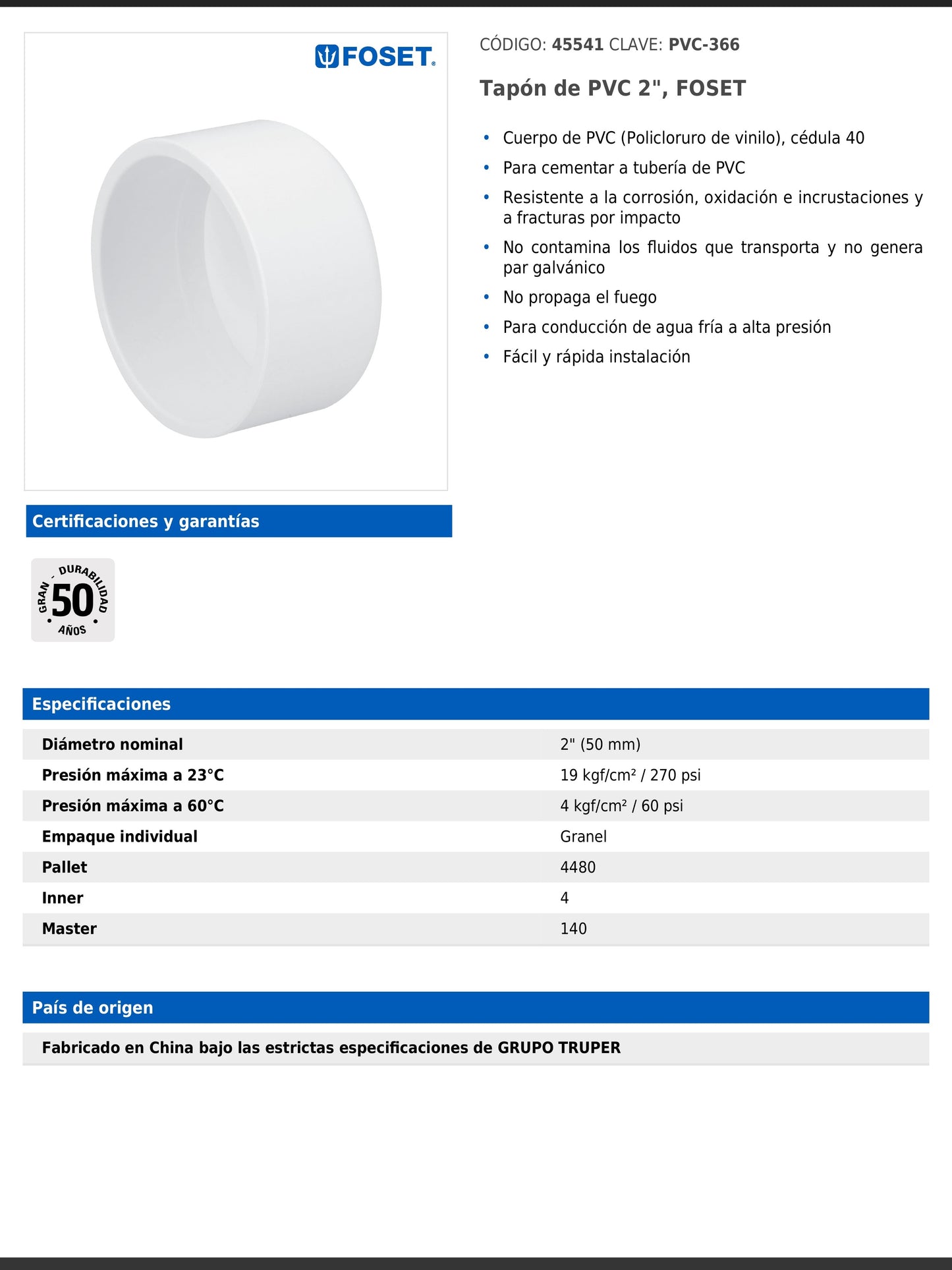 Tapón de PVC cédula 40 de 2 pulgadas para tubería