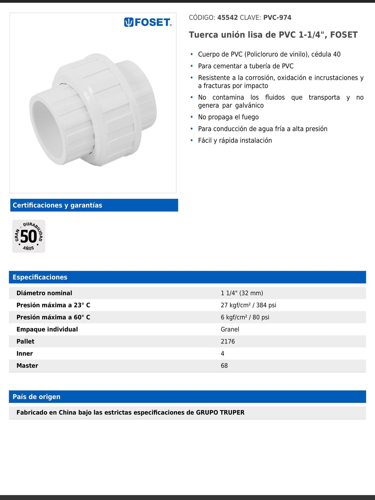Tuerca unión lisa de PVC cédula 40 de 1 1/4 pulgadas para tubería