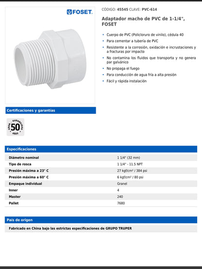 Adaptador macho de PVC cédula 40 de 1 1/4 pulgadas con rosca NPT