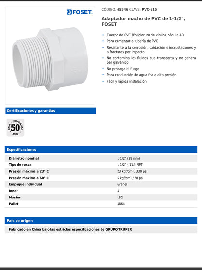Adaptador macho de PVC cédula 40 de 1 1/2 pulgadas con rosca NPT