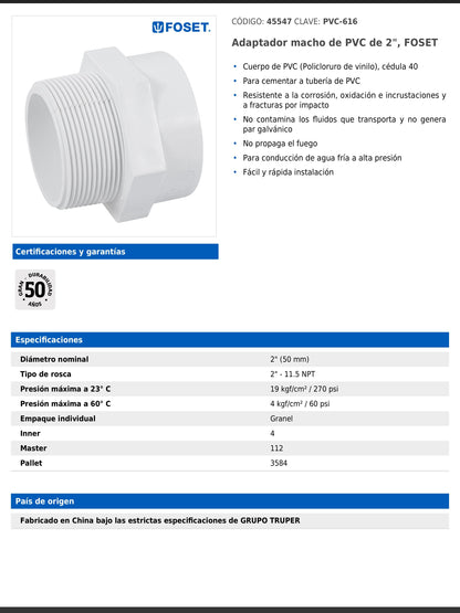 Adaptador macho de PVC de 2 pulgadas con rosca NPT