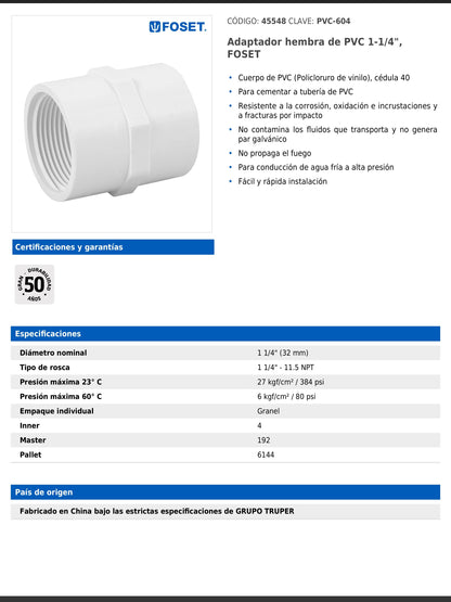 Adaptador hembra de PVC cédula 40 de 1 1/4 pulgadas con rosca NPT