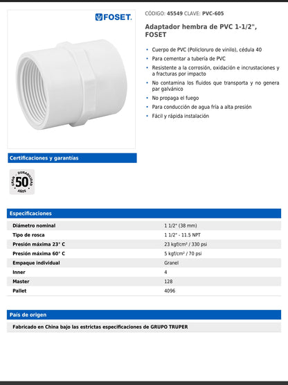 Adaptador hembra de PVC cédula 40 de 1 1/2 pulgadas con rosca NPT