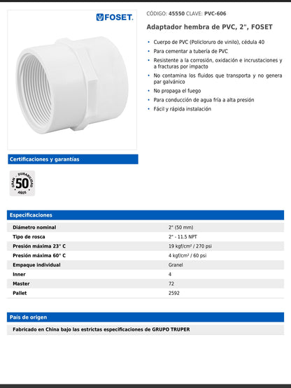 Adaptador hembra de PVC cédula 40 de 2 pulgadas con rosca NPT