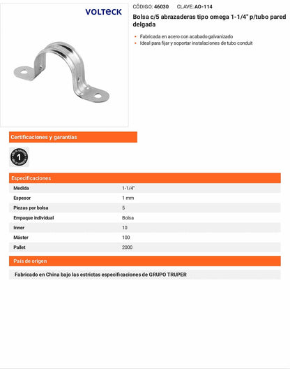 Bolsa 5 abrazaderas omega 1-1/4 pulg