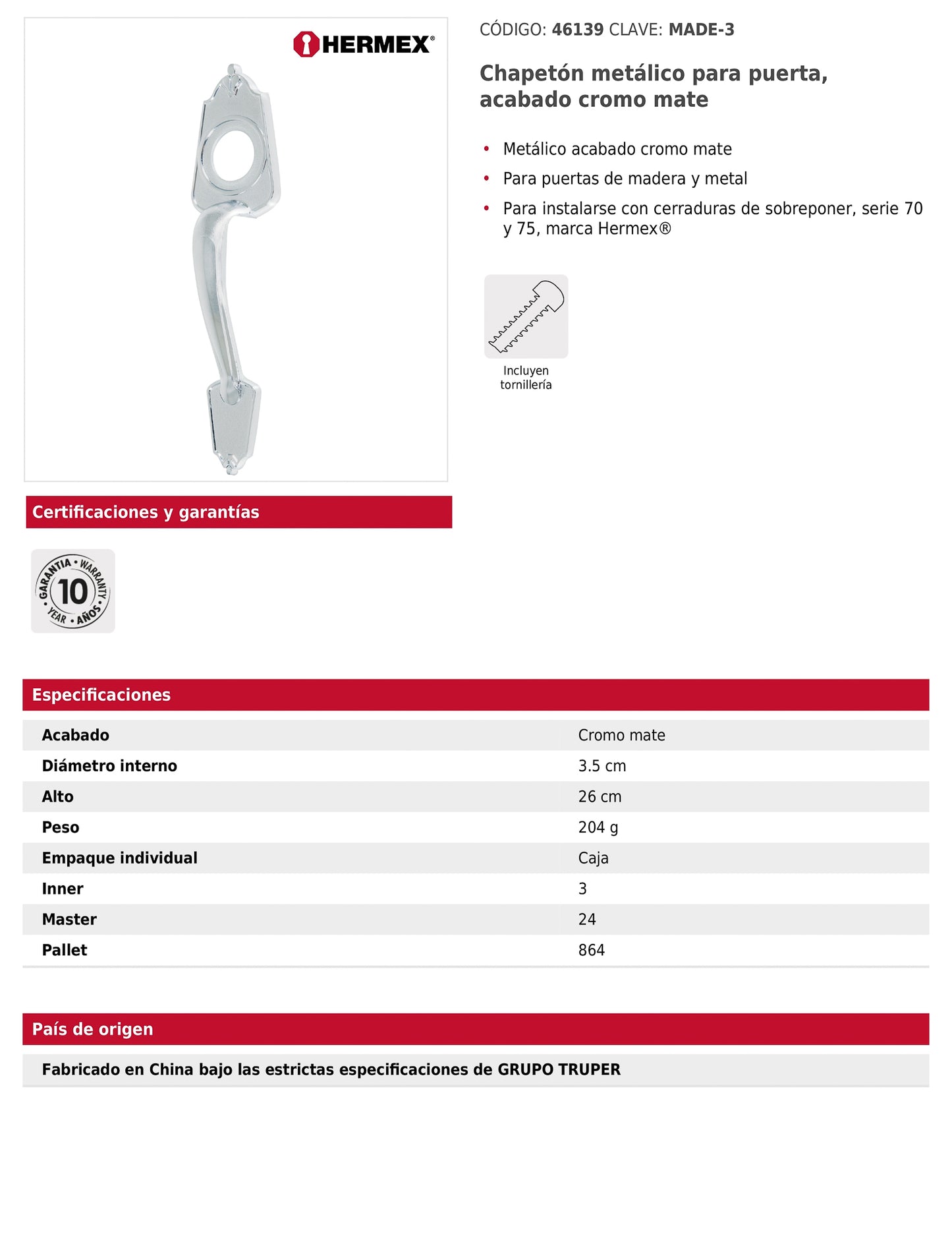 Chapetón metálico para puerta acabado cromo mate