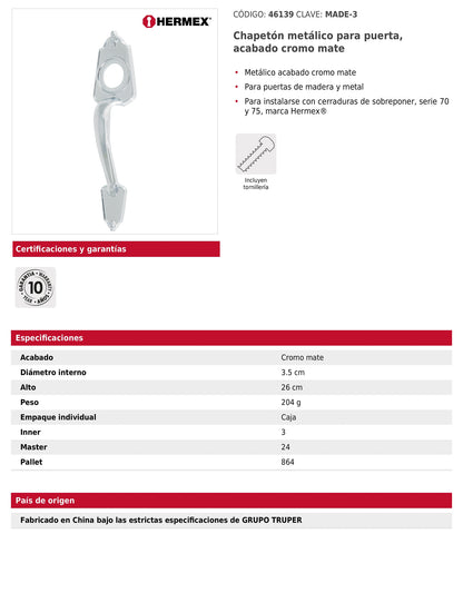 Chapetón metálico para puerta acabado cromo mate