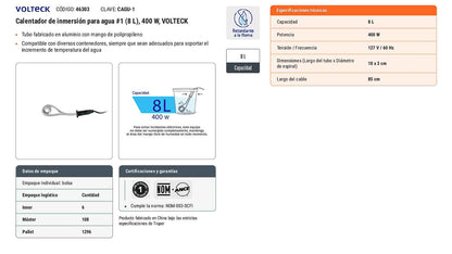 Calentador inmersión agua 8L 400W