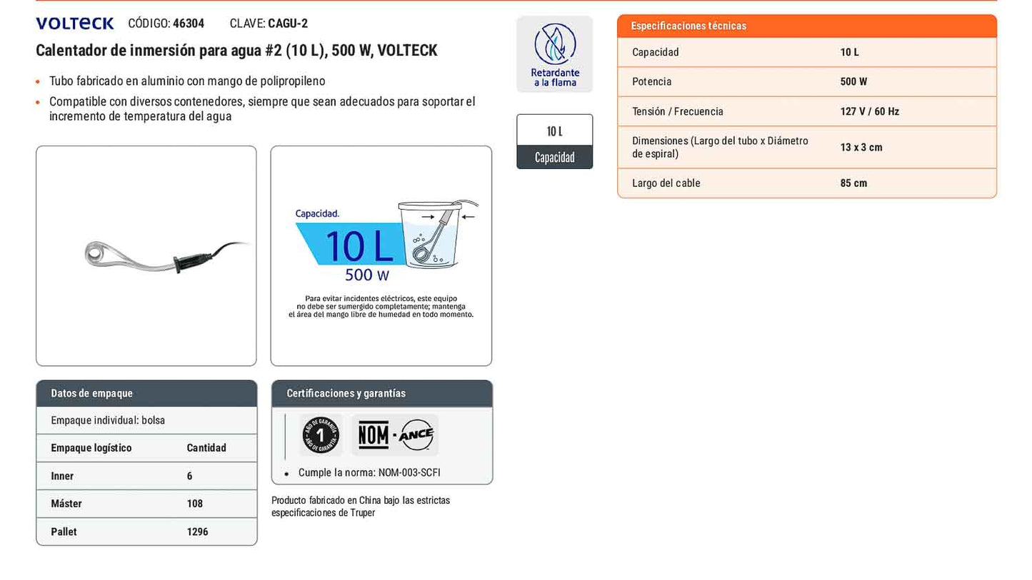 Calentador inmersión agua 10L 500W