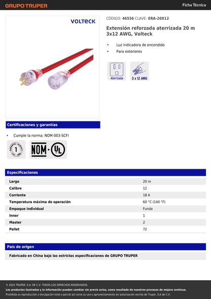 Extensión reforzada aterrizada 20 m 3x12 AWG