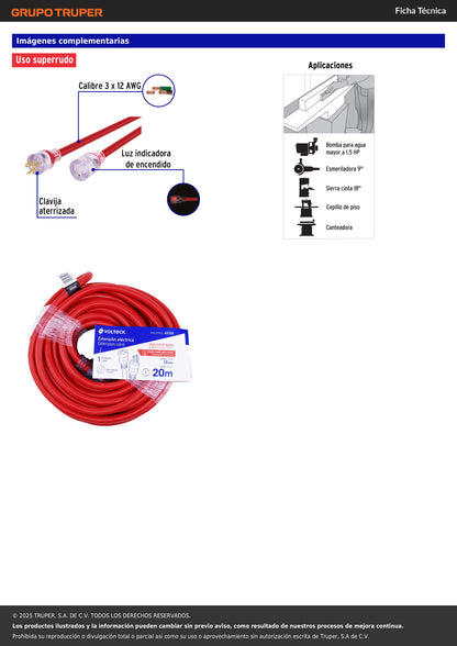 Extensión reforzada aterrizada 20 m 3x12 AWG