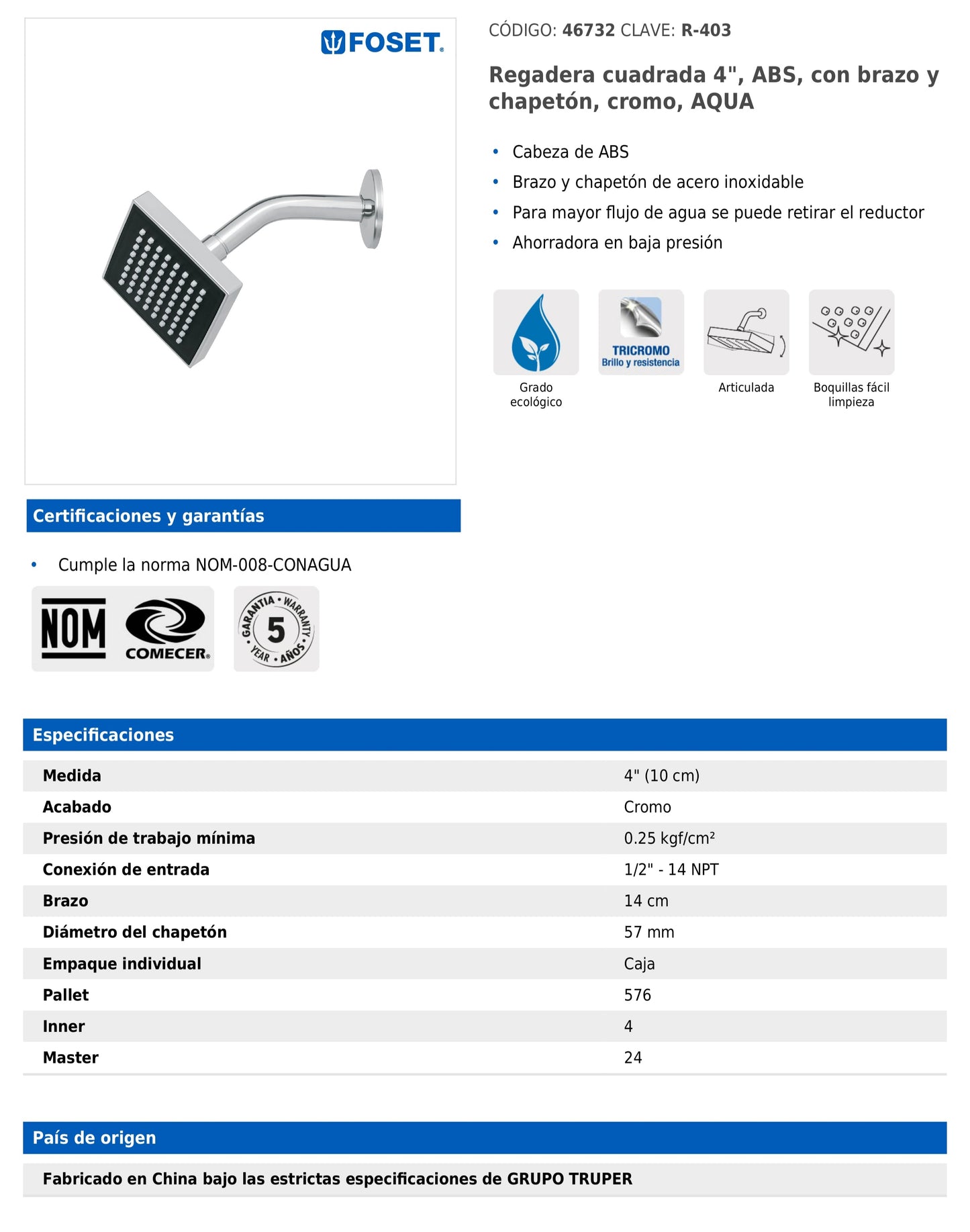 Regadera cuadrada de 4" en ABS con brazo y chapetón cromados