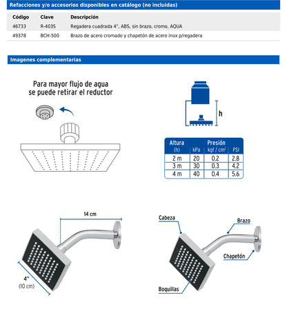 Regadera cuadrada de 4" en ABS con brazo y chapetón cromados