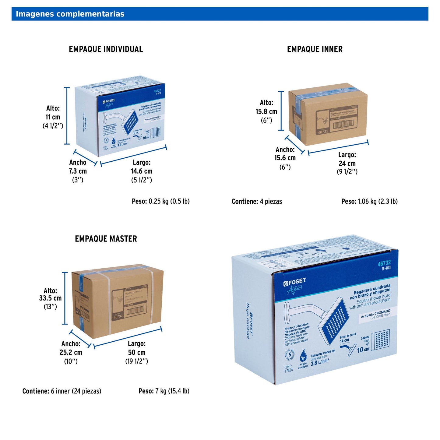 Regadera cuadrada de 4" en ABS con brazo y chapetón cromados